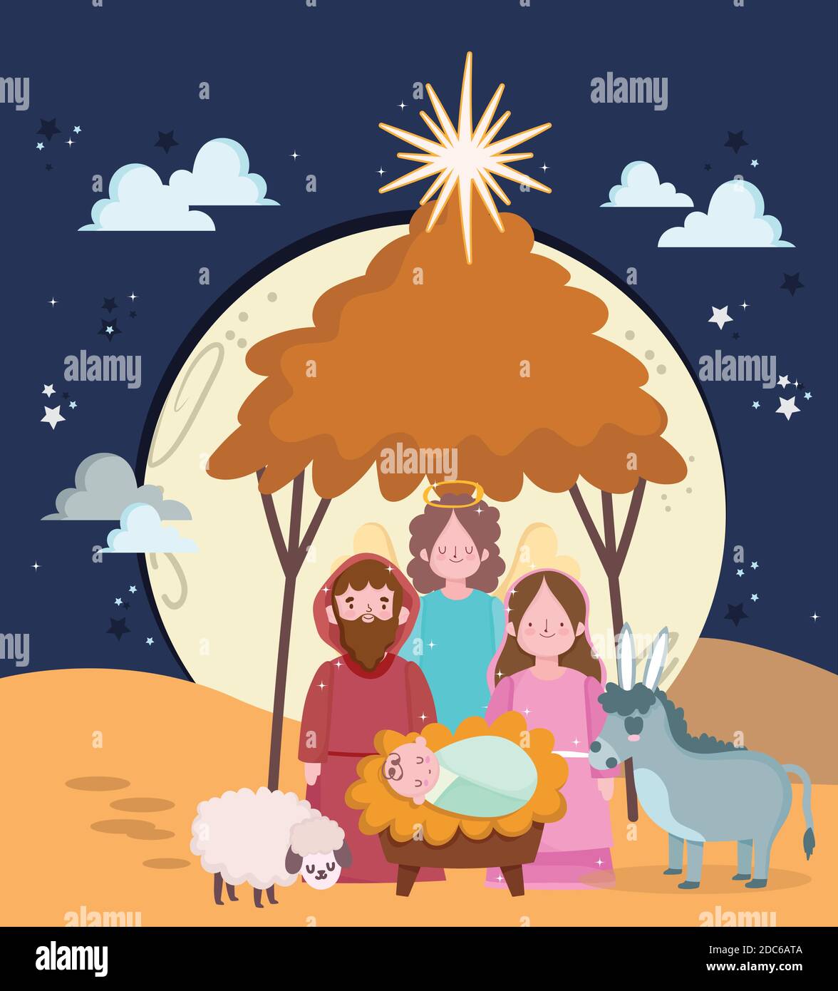 nativity, cute holy mary baby jesus and joseph manger cartoon vector ...