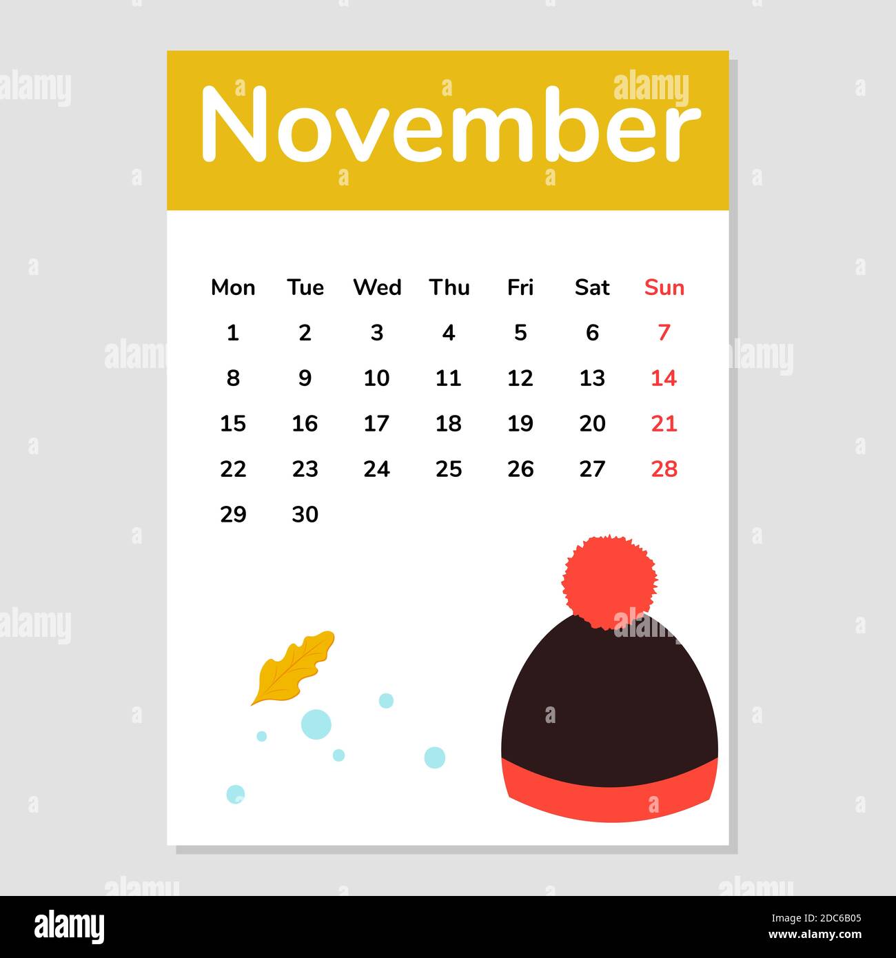November 2021 calendar sheet with hat illustration. Vector Stock Vector ...