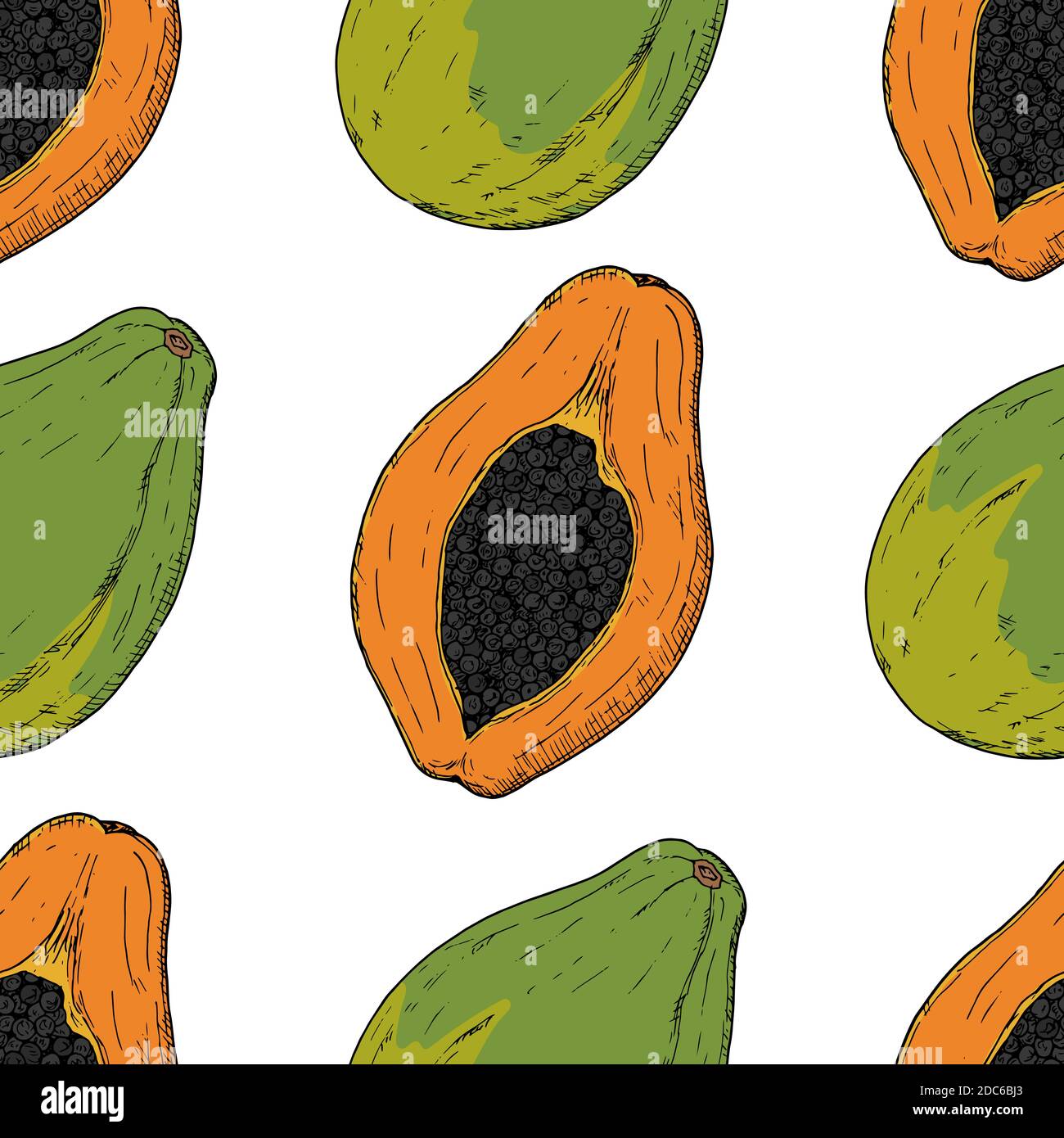Seamless pattern of whole papaya and papaya half. Vector cartoon ...