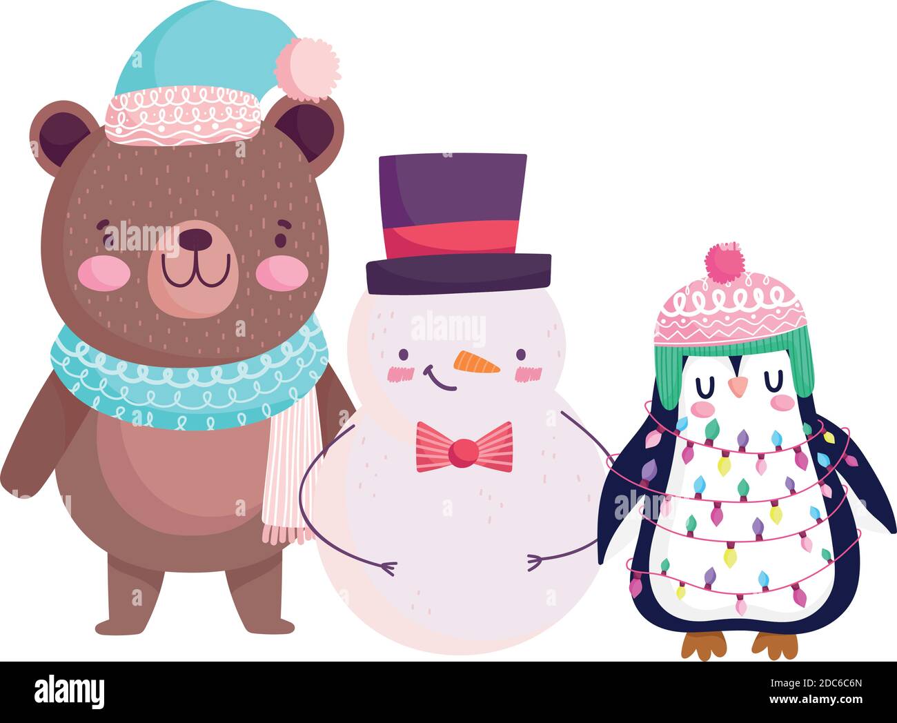merry christmas, cute bear snowman and penguin cartoon icon isolation ...