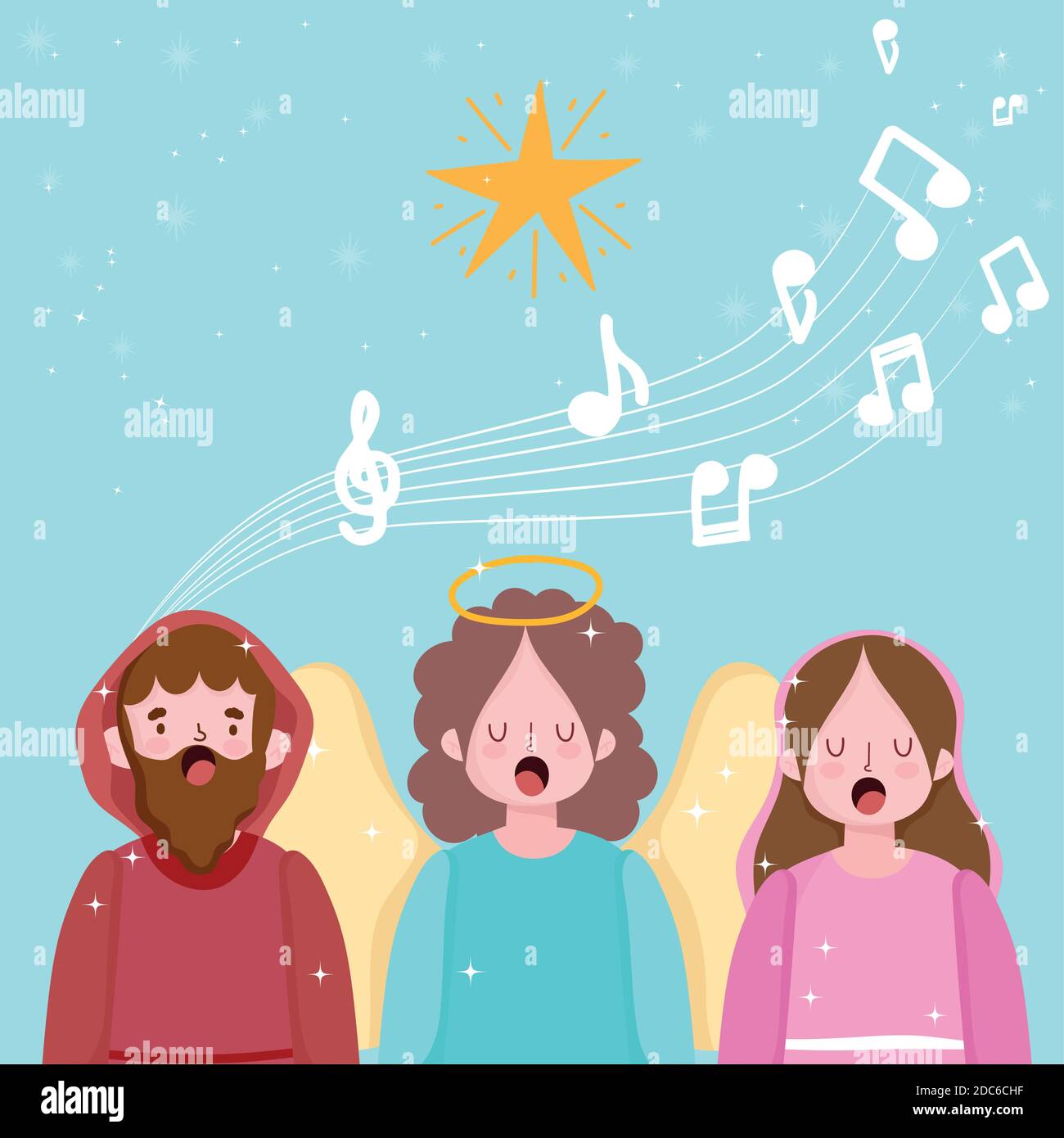 nativity, manger joseph mary and angel singing carols cartoon vector