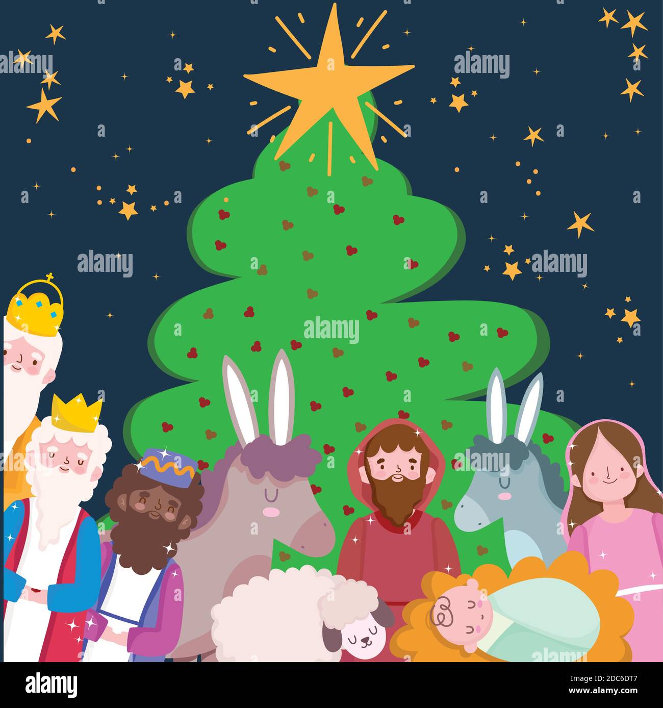 nativity, manger scene characters with tree and animals cartoon vector