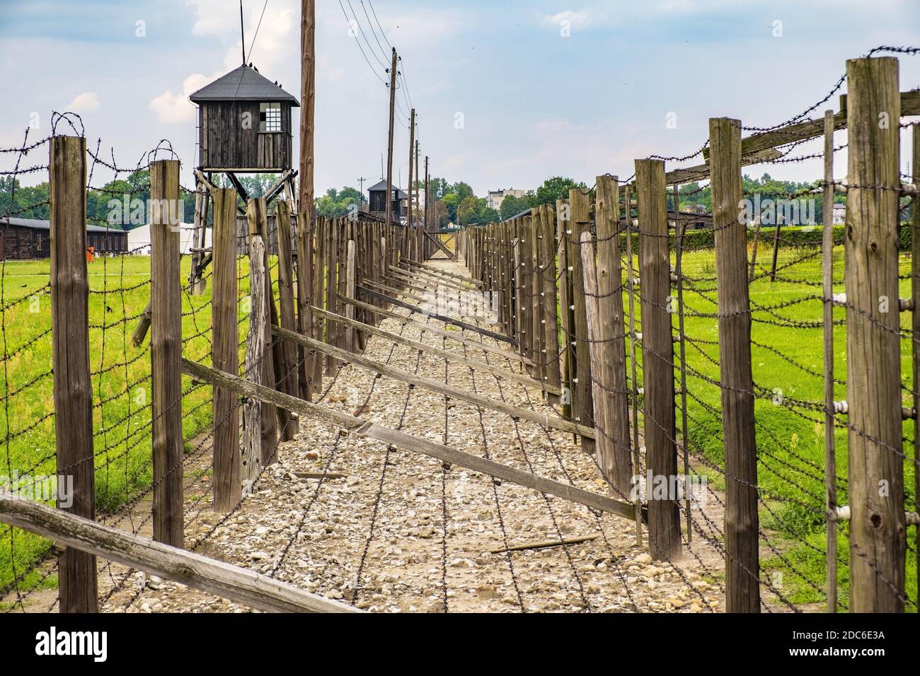 Lublin, Lubelskie / Poland - 2019/08/17: Barbed-wire fences of the Majdanek KL Lublin Nazis concentration and extermination camp - Konzentrationslager Stock Photo