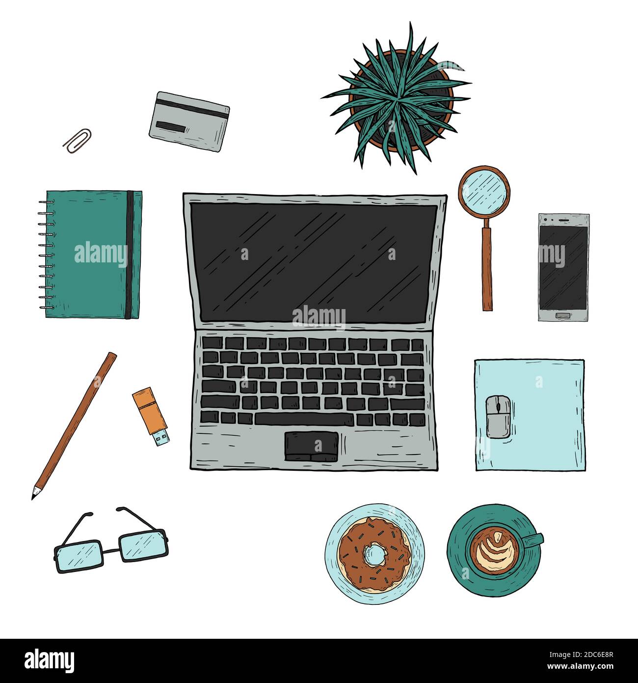 Workplace. Top view. Hand-drawn style. Vector cartoon illustration. Stock Vector