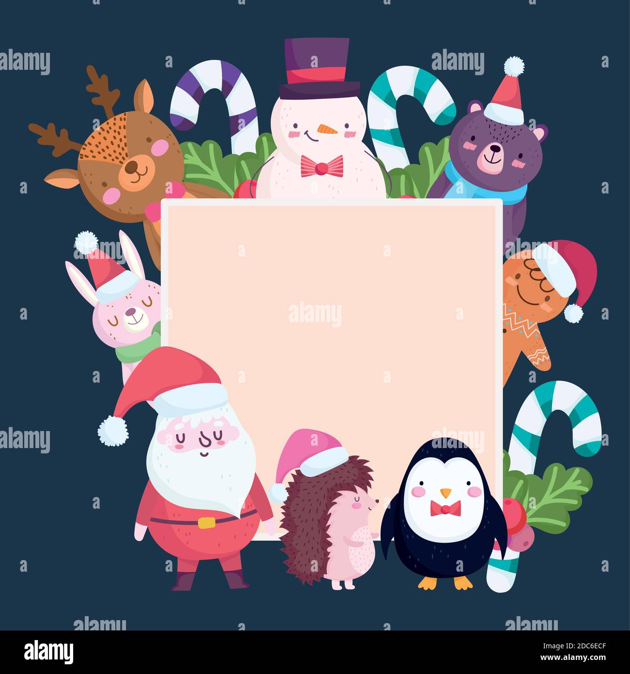 merry christmas, cute characters animals candy canes and holly banner ...