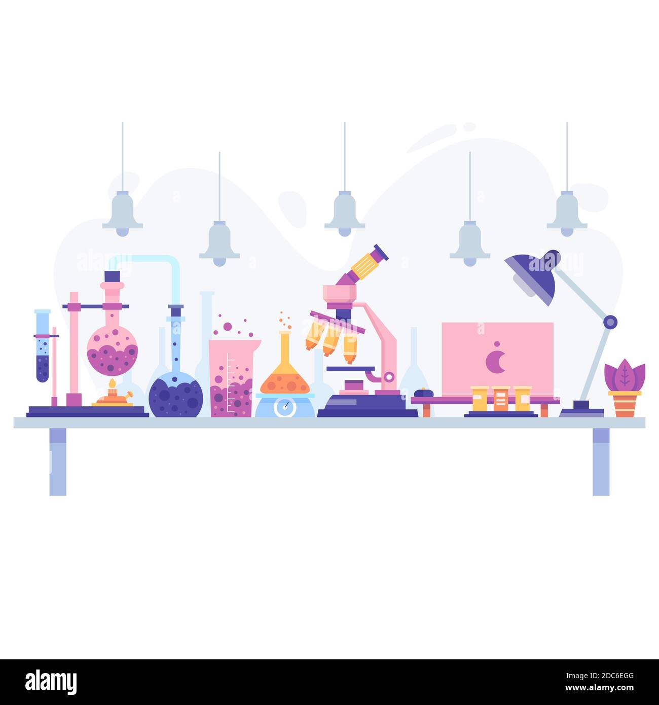 Flat design of a scientific desk with objects Vector illustration Stock