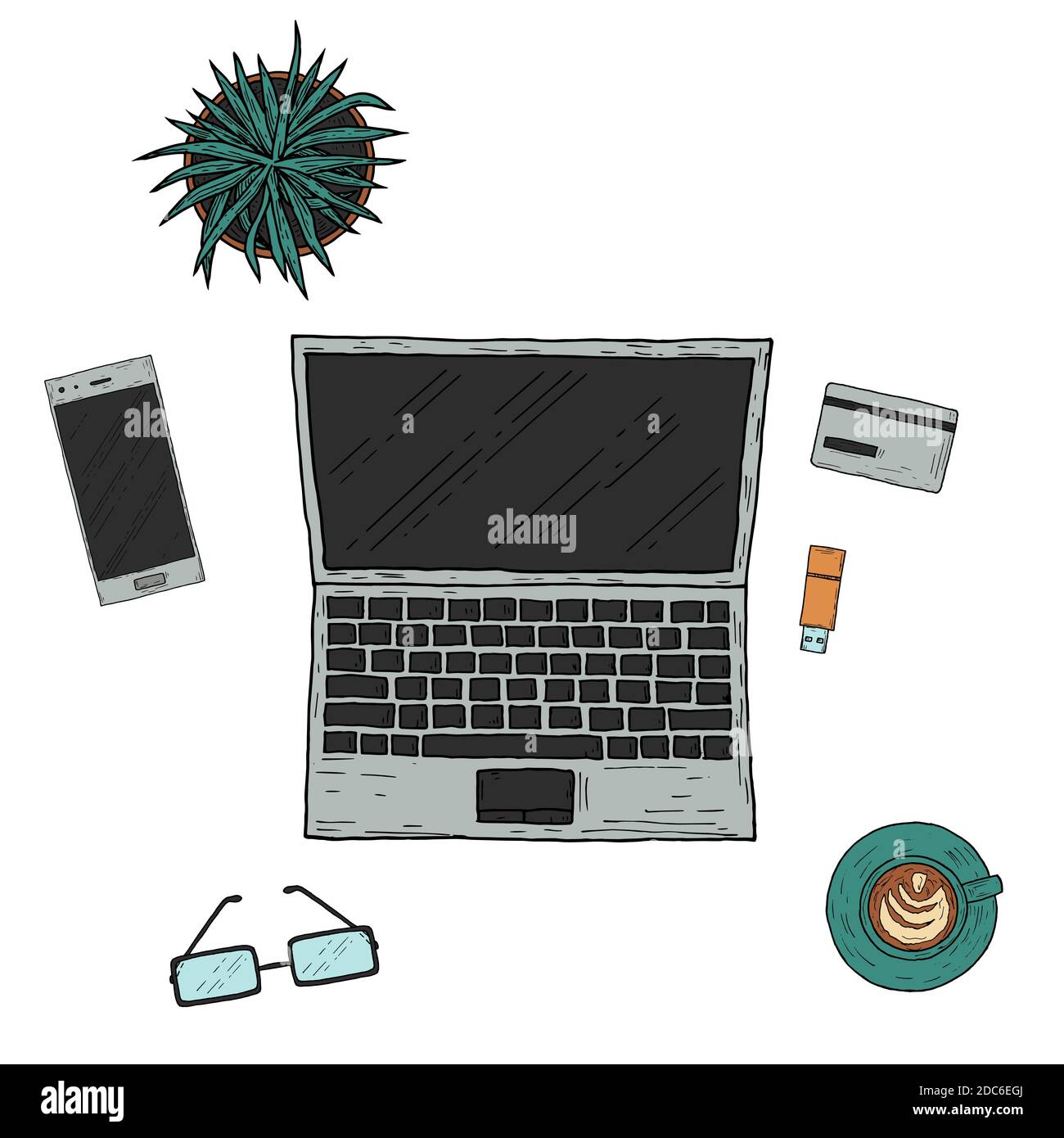 Workplace. Top view. Hand-drawn style. Vector cartoon illustration. Stock Vector