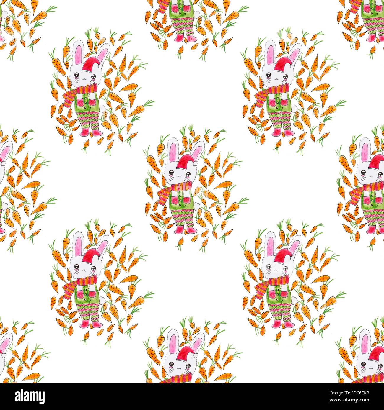 seamless pattern of rabbit in Christmas cap with carrots around isolated on white Stock Photo