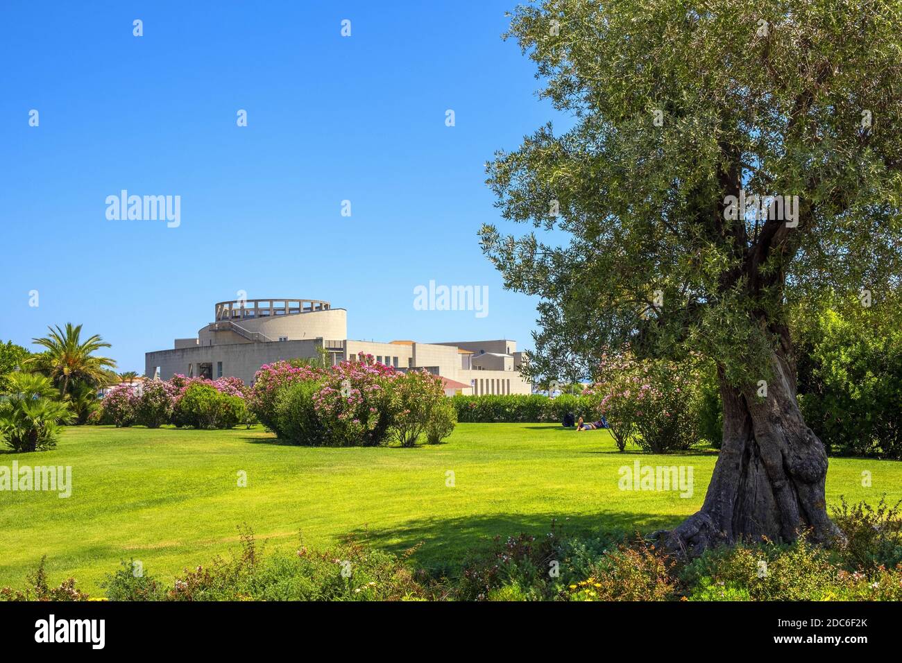 Olbia, Sardinia / Italy - 2019/07/21: Panoramic view of the Archeological Museum of Olbia - Museo Archeologico - on Gulf of Olbia island at the port a Stock Photo