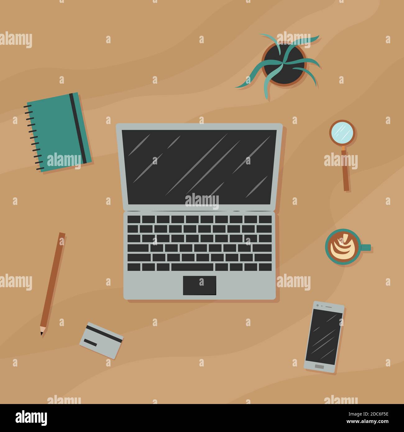 Workplace. Top view. Isolated objects. Vector cartoon illustration. Stock Vector