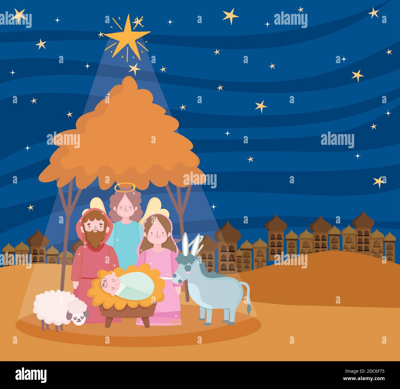 nativity, manger scene mary joseph baby angel and animals cartoon