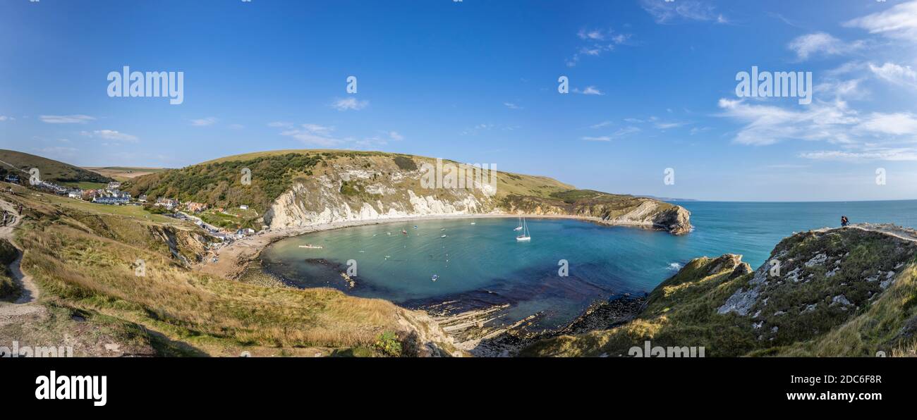 Picturesque coastal view of Lulworth Cove and Portland limestone cliff strata on the Jurassic Coast World Heritage site in Dorset, south-west England Stock Photo