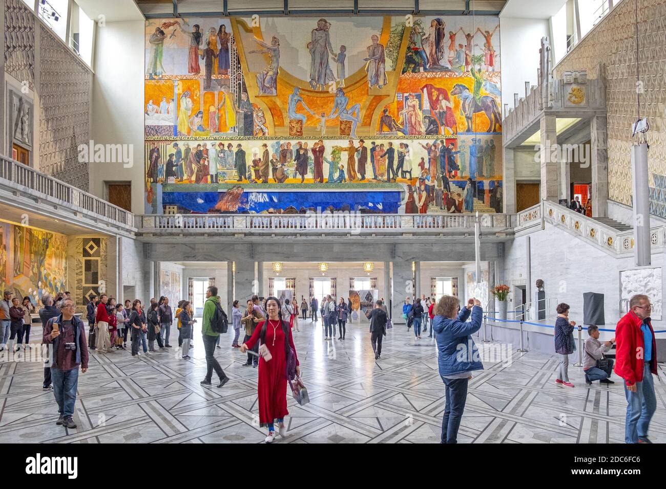 Oslo, Ostlandet / Norway - 2019/08/30: Oslo City Hall historic building - Radhuset - with wall painting  decoration by Henrik Sorensen in Pipervika qu Stock Photo