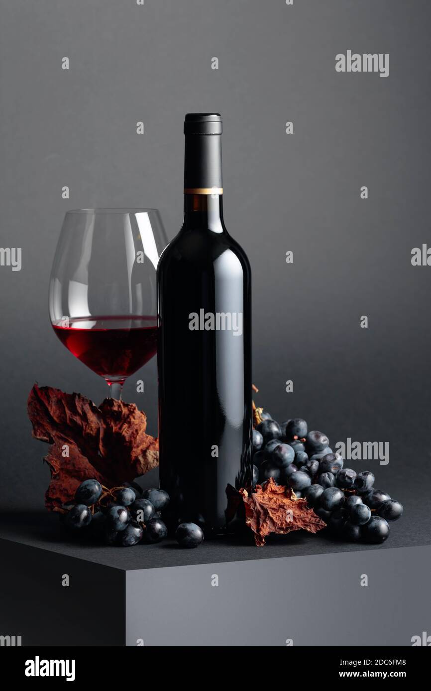 Red wine and blue grapes with dried up vine leaves on a dark background ...