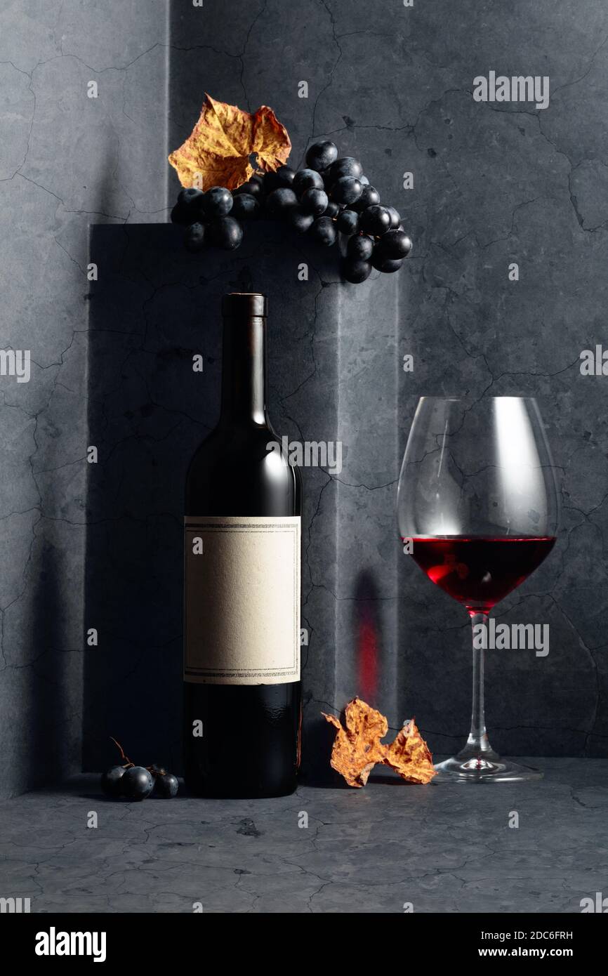 Red wine and blue grapes with dried up vine leaves on a black stone ...