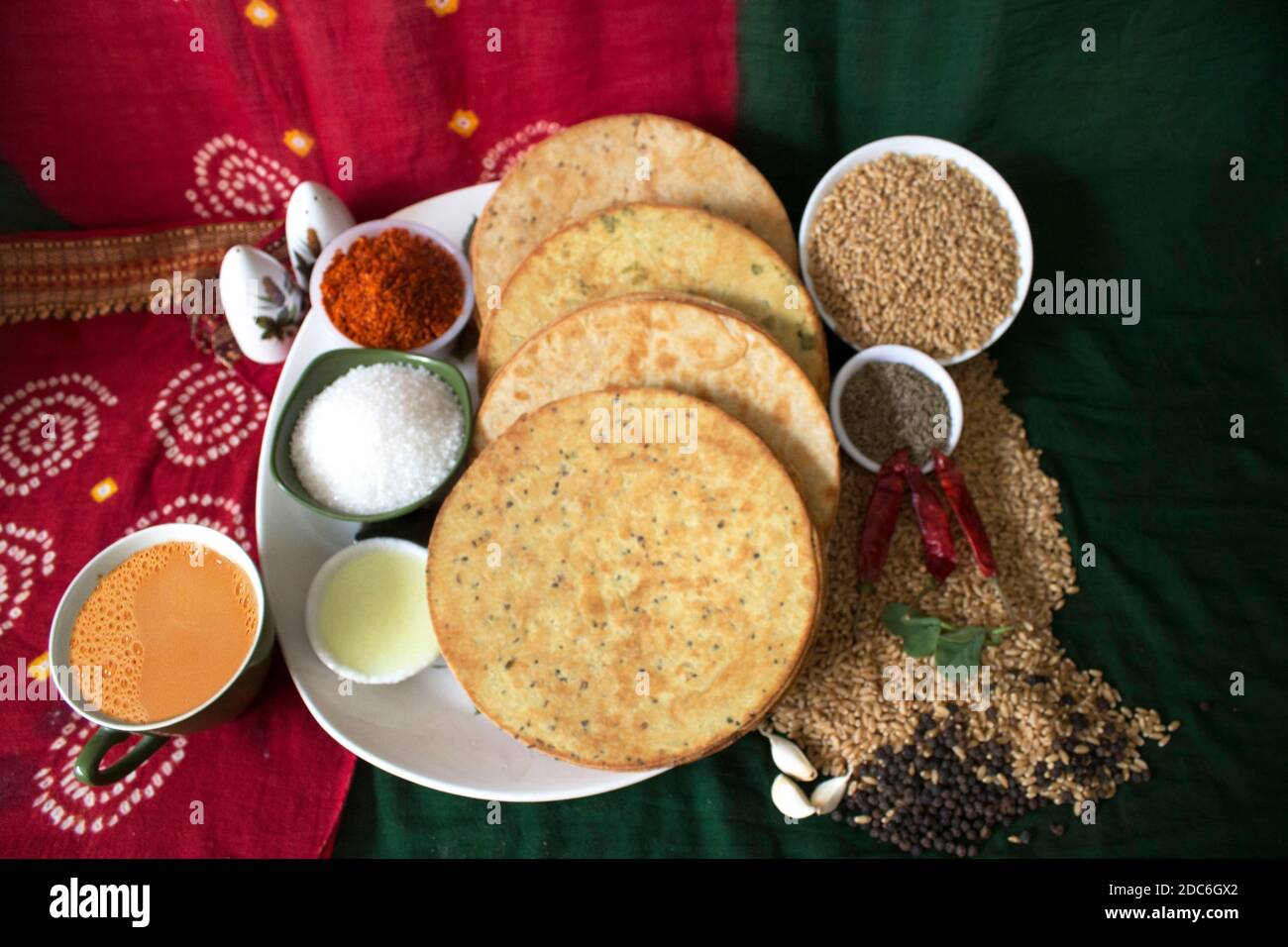 Indian Khakhra is a Traditional Gujarati Snack Also Know As Khakra, Crispy Roti or Fenugreek khakra, Khakhara’s are thin crackers made from wheat flou Stock Photo
