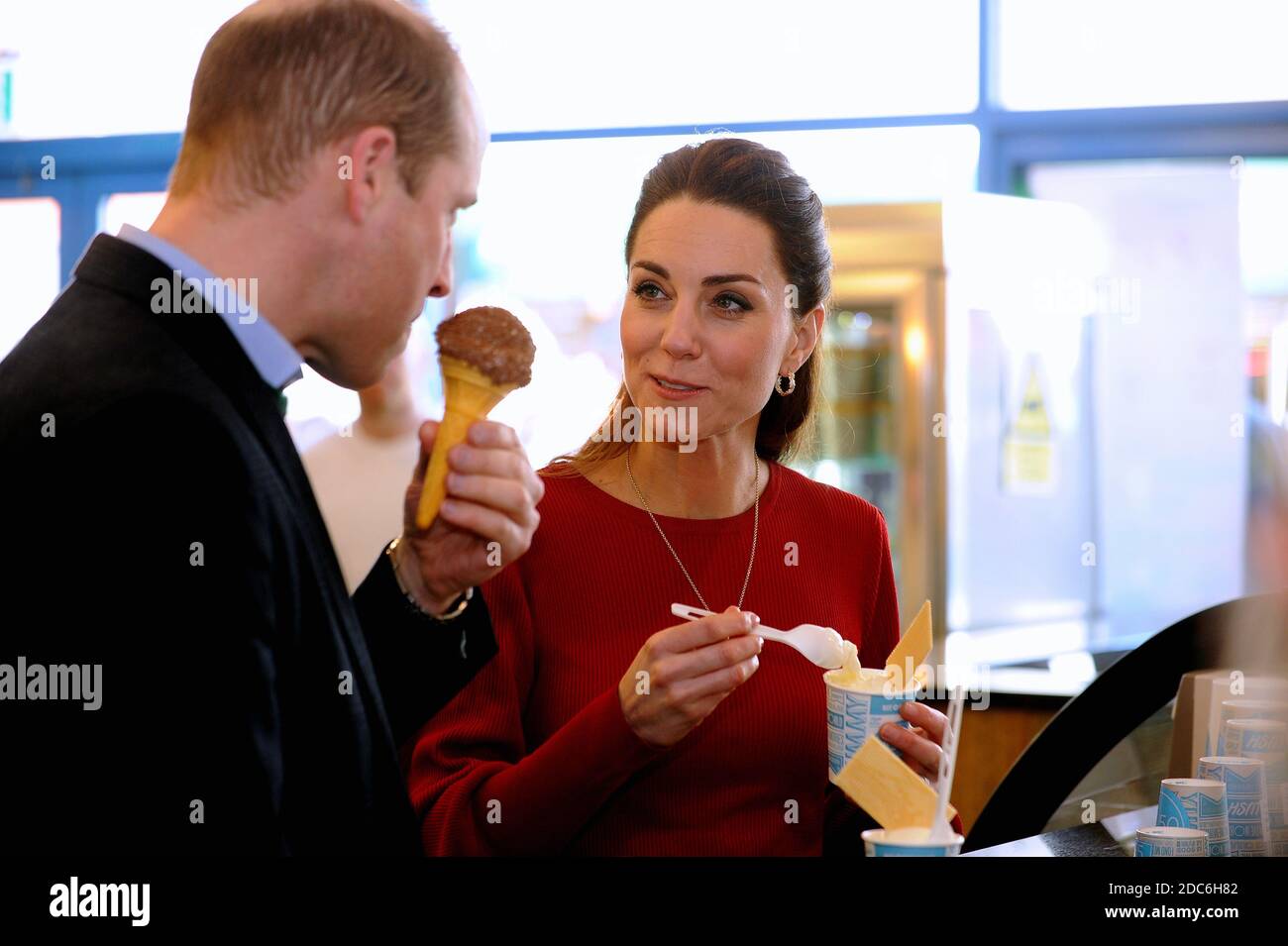 HRH The Prince and Princess of Wales in Swansea, Wales, UK  pictured at Joe's Icecream shop Stock Photo