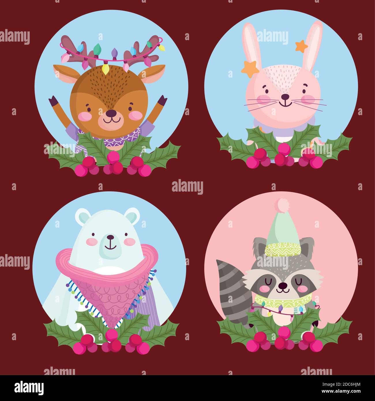 merry christmas, reindeer rabbit bear and raccoon holly berry round ...