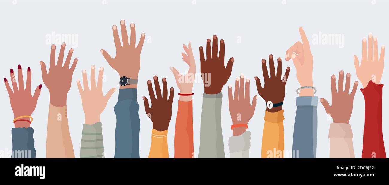 Anonymous arms and raised hands of multiethnic multicultural people. Crowd diversity people. Participation or election concept. Man and women diverse Stock Vector