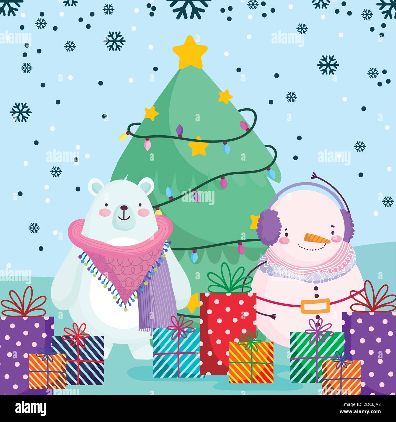 merry christmas, cute snowman polar bear with gifts and tree ...