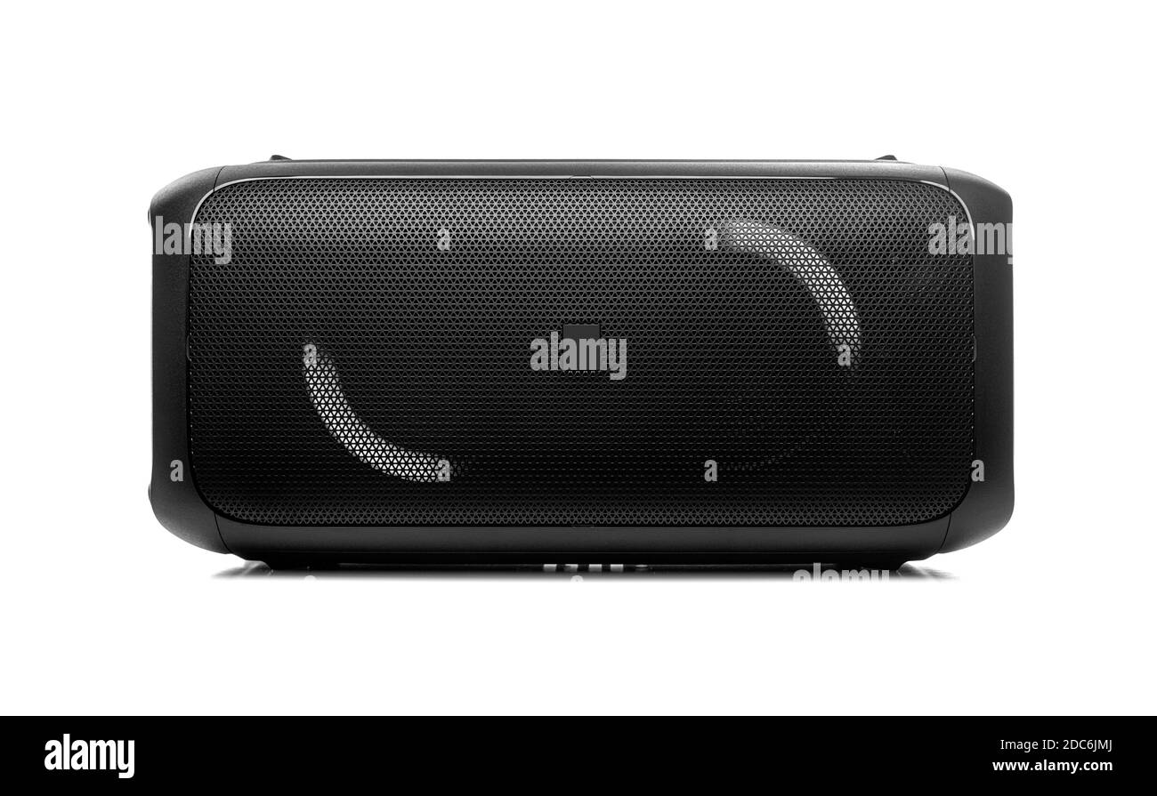 Portable big black speaker isolated on a white background. Stock Photo