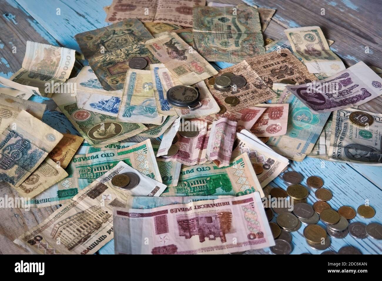 Russian Ukrainian Belarusian and Soviet money of different years. Money USSR. Cash. Background texture. Stock Photo