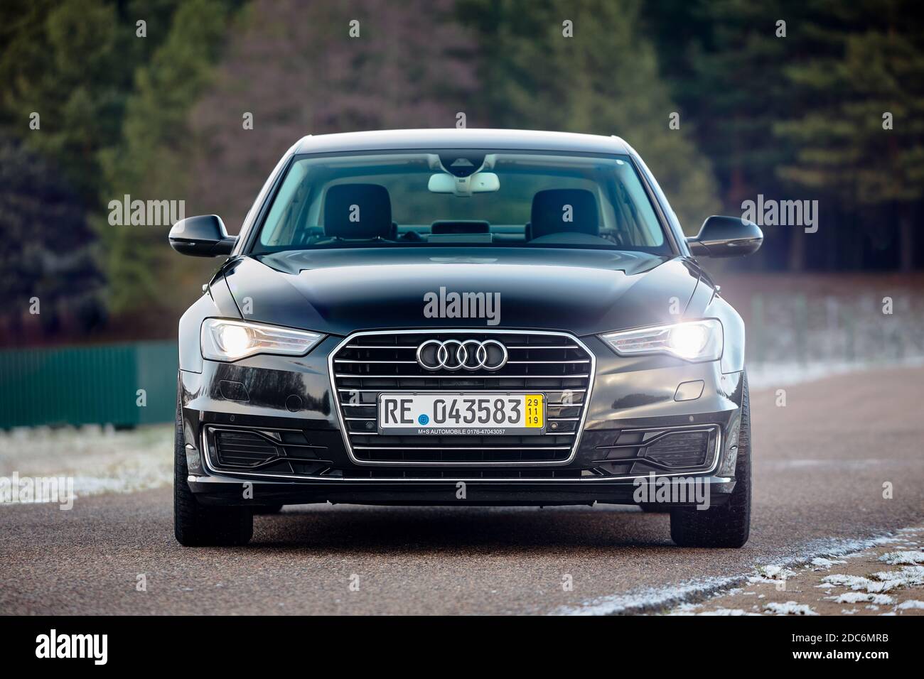 GRODNO, BELARUS - DECEMBER 2019: Audi A6 4G, C7 2.0 TDI 190 Hp 2016 black  metallic front view outdoors on winter empty road with forest on background  Stock Photo - Alamy