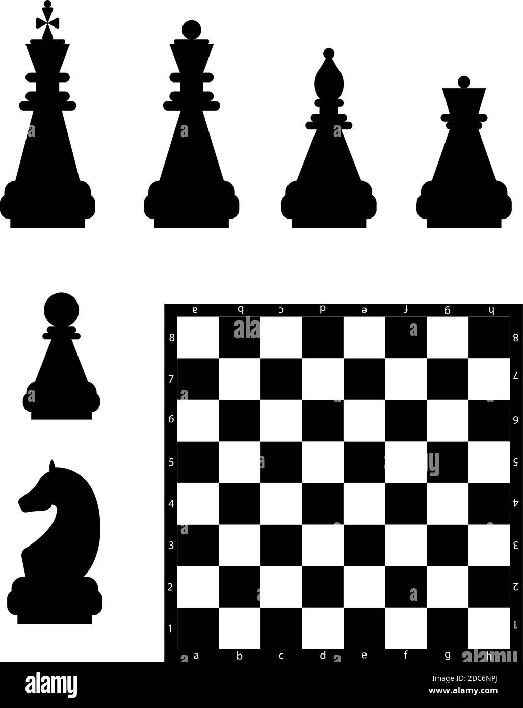 Editable vector silhouettes from a set of standard chess pieces and a chessboard. Stock Vector