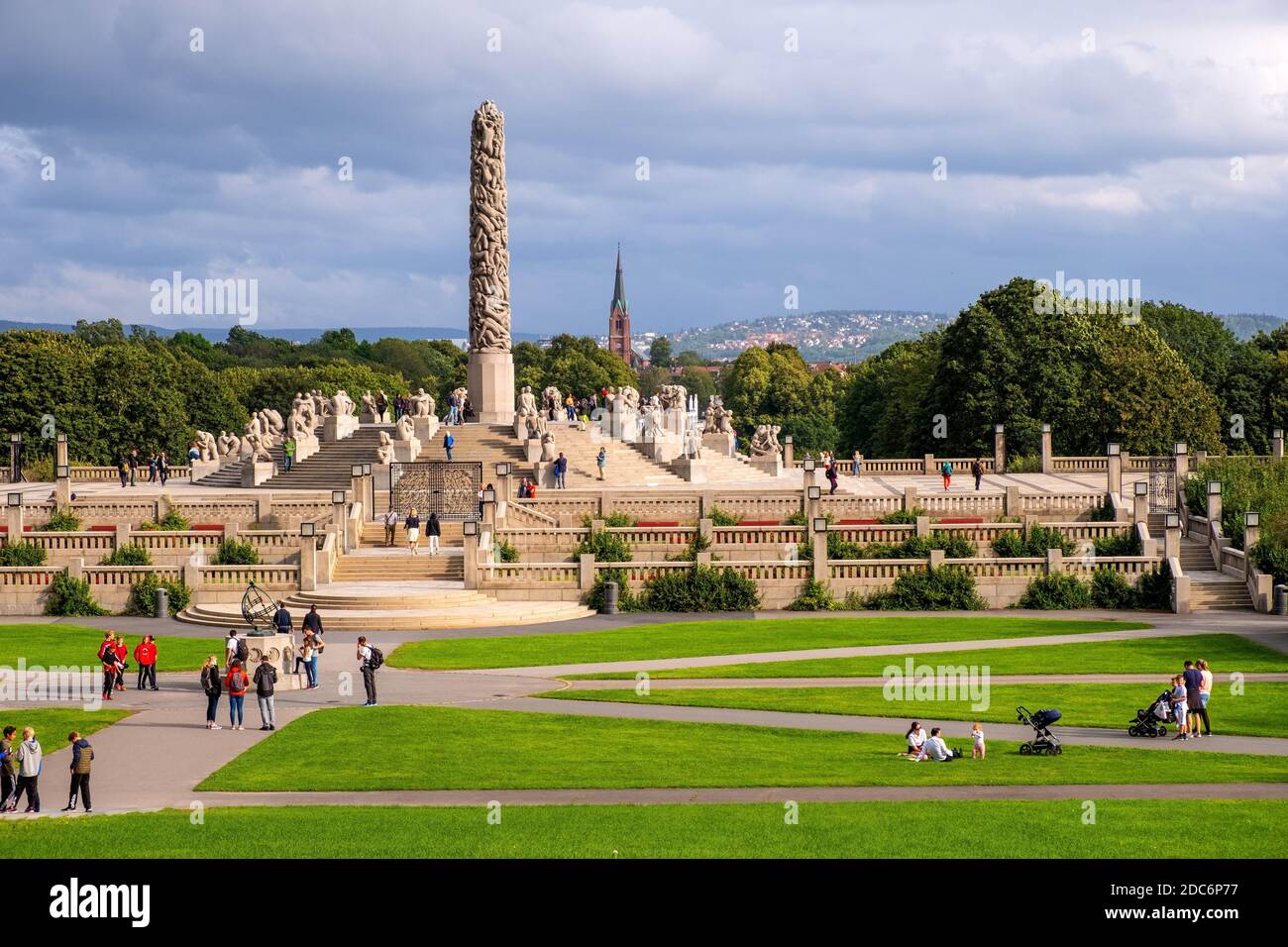 Oslo, Ostlandet / Norway - 2019/08/30: Panoramic view of The Monolith sculpture, Monolitten, in Vigeland Park open air art exhibition - Vigelandsparke Stock Photo