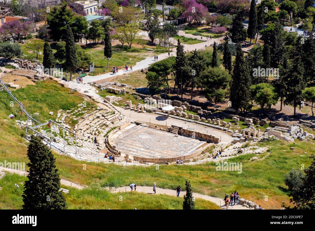 Athens, Attica / Greece - 2018/04/02: Panoramic view of Theatre of Dionysus or Dionysos ancient stone Greek theater at slope of Acropolis hill dedicat Stock Photo