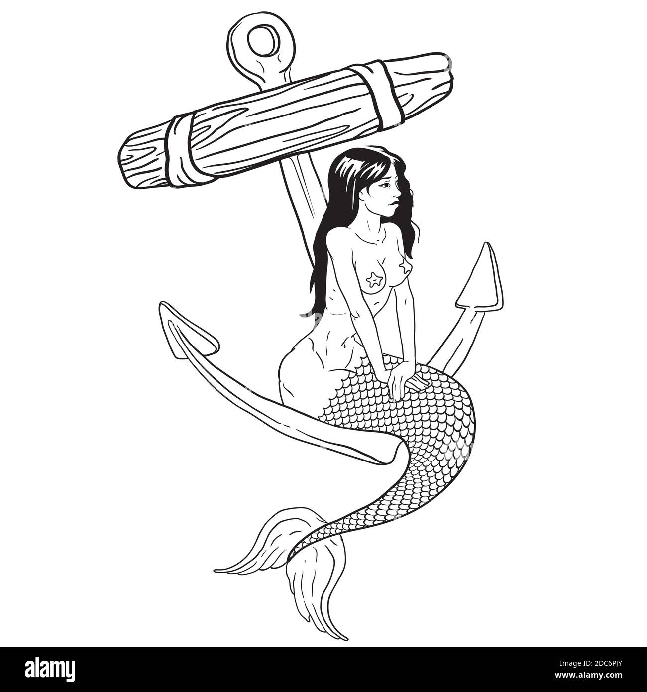 Beautiful mermaid girl with long hair, anchored. isolated vector illustration on a white background Stock Vector