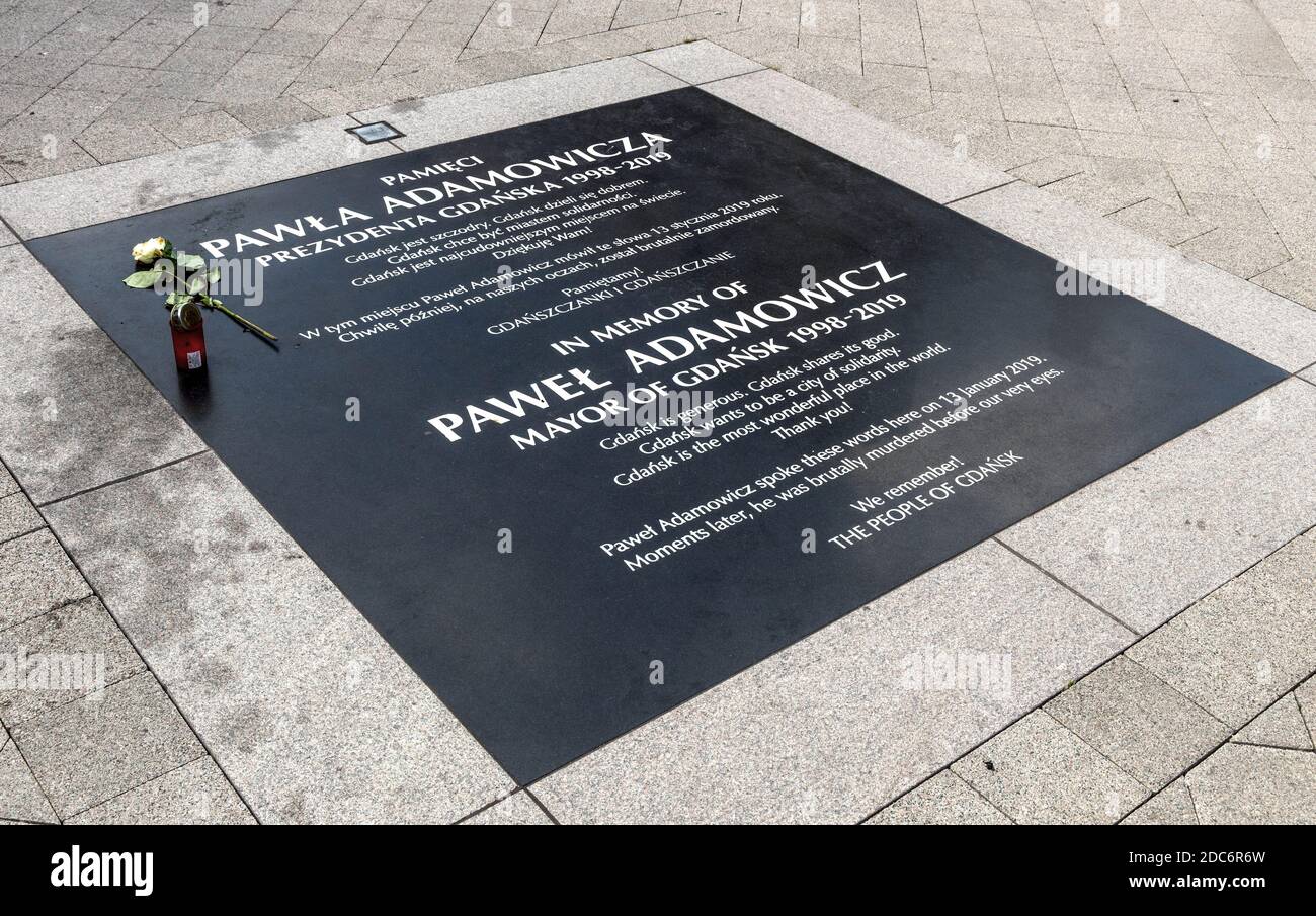Gdansk, Pomerania / Poland - 2020/07/14: Memorial of Pawel Adamowicz, major of Gdansk, in place of mortal public assassination attempt on January 13, Stock Photo