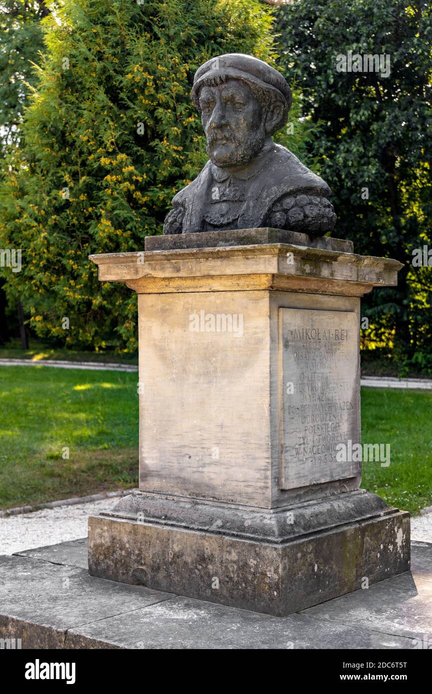Naglowice, Swietokrzyskie / Poland - 2020/08/16: Monument of Mikolaj Rej, polish renaissance poet and writer - by sculptor Barbara Zbozyna - in park s Stock Photo
