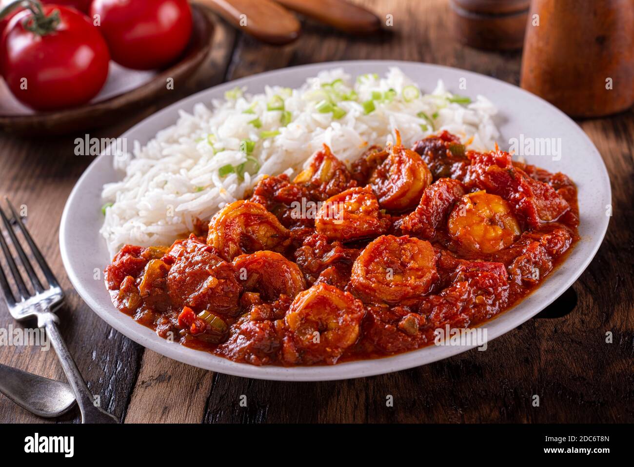 A plate of delicious southern style creole shrimp and sausage with white rice. Stock Photo