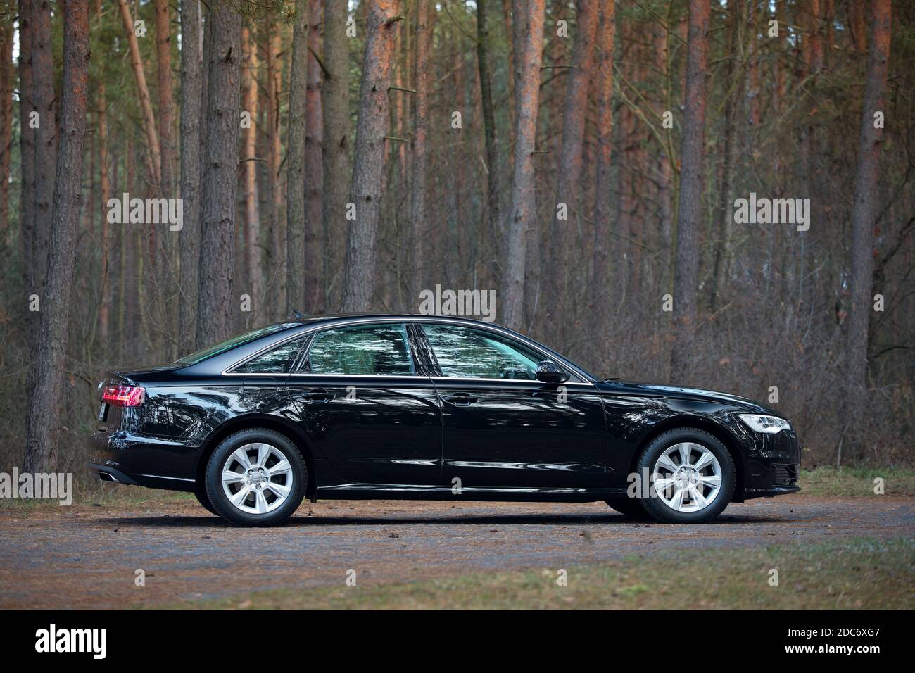 GRODNO, BELARUS - DECEMBER 2019: Audi A6 4G, C7 2.0 TDI 190 Hp 2016 black  metallic right side view outdoors on winter empty road with forest on Stock  Photo - Alamy