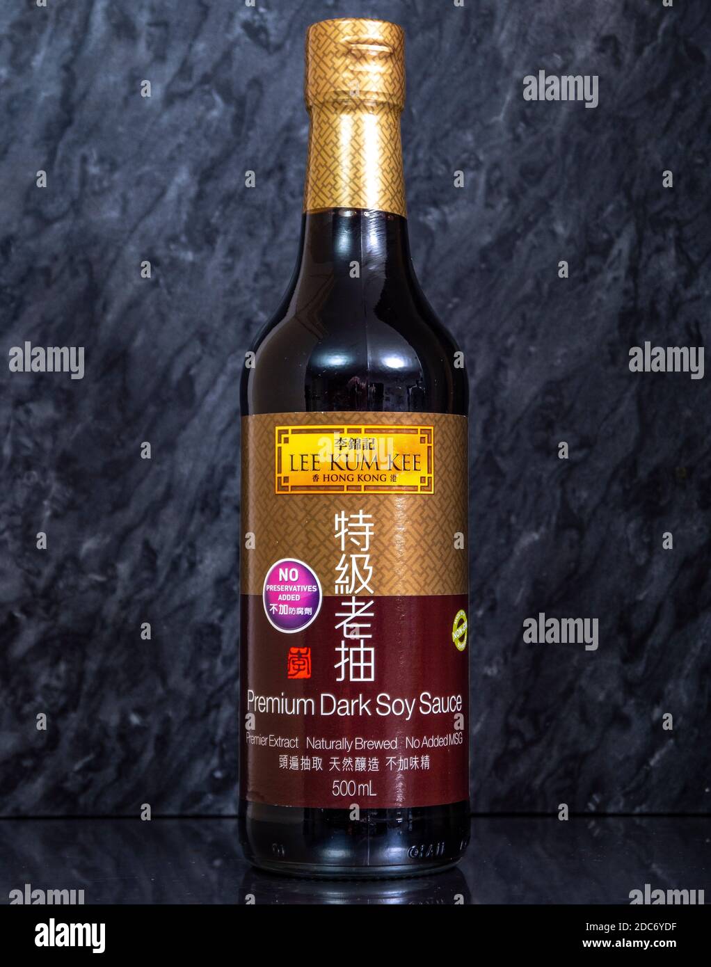 Closeup of a retail unopened bottle of Lee Kum Kee premium dark soy