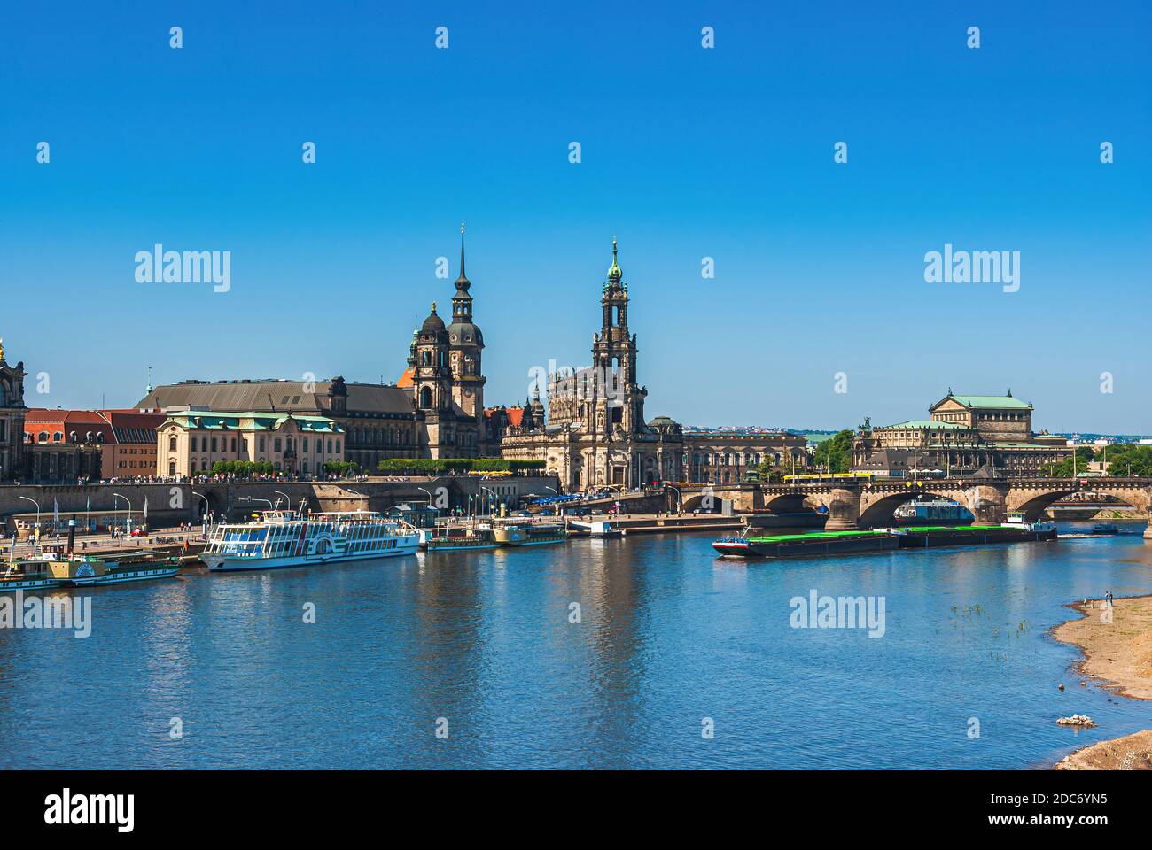 The historical skyline at the Terrassenufer, Dresden, Saxony, Germany. Stock Photo
