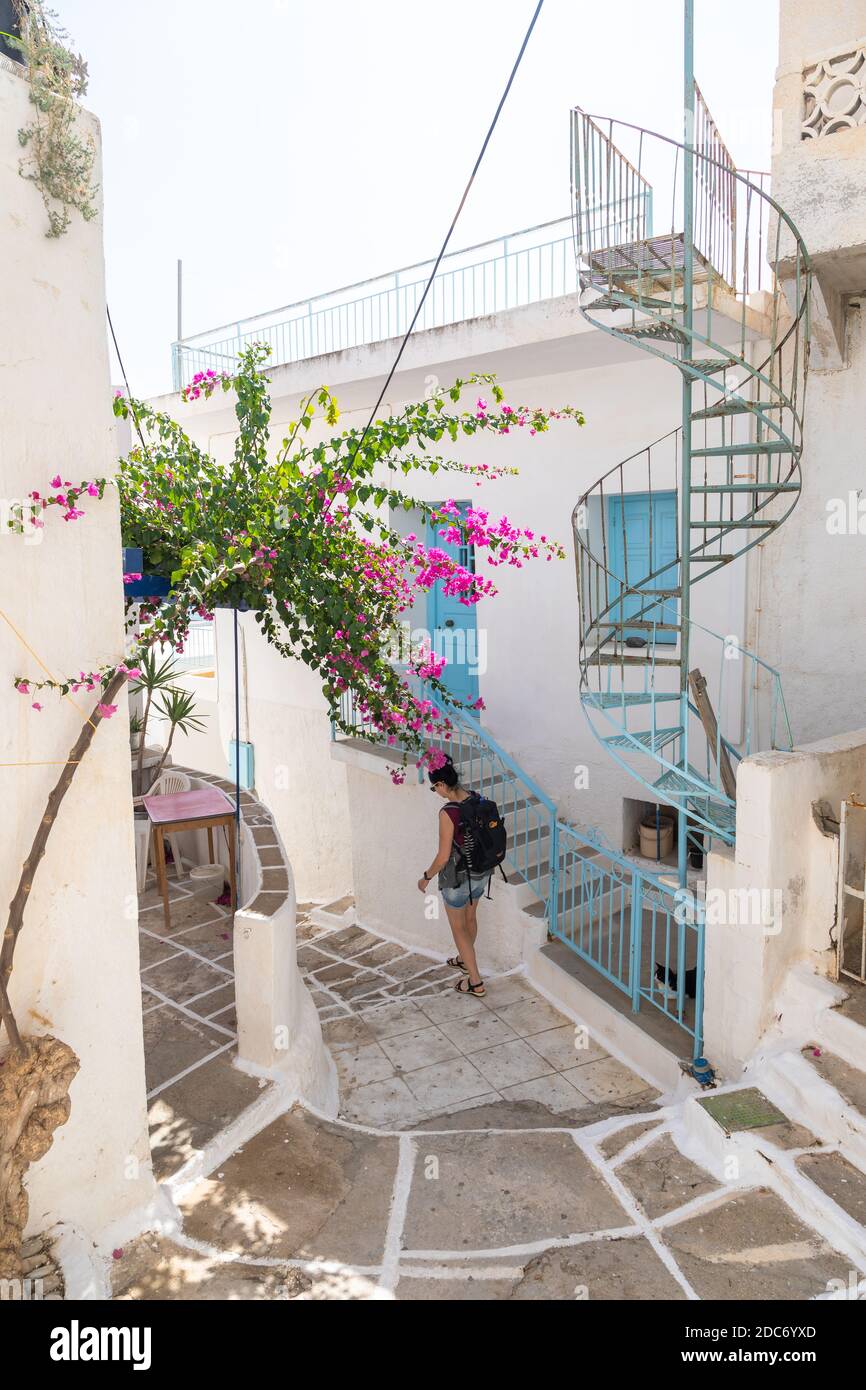 Chora, Ios Island, Greece- 20 September 2020: Narrow street of the old ...