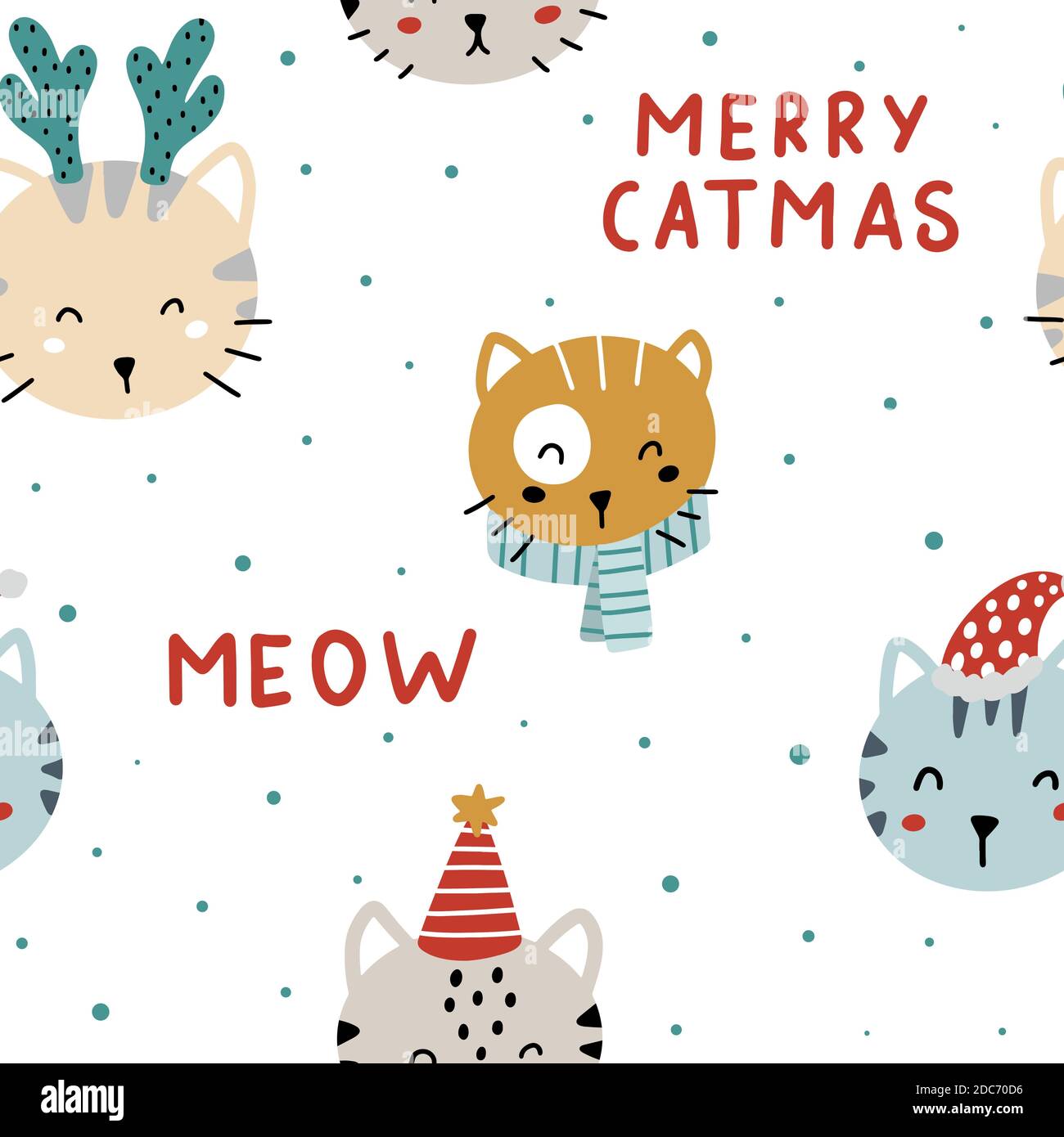 Cute Christmas seamless pattern with cute hand drawn colorful cats and ...