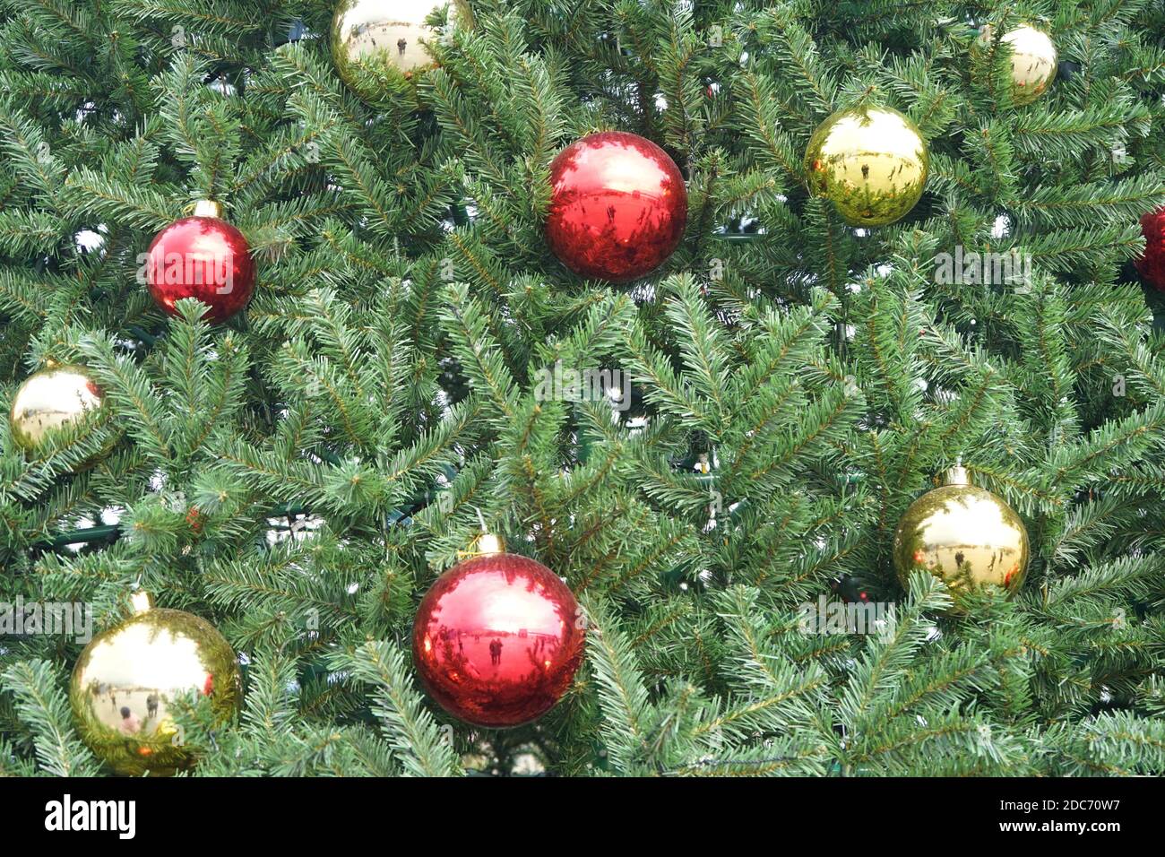 christmas tree with multi-colored balls and decorations background Stock Photo