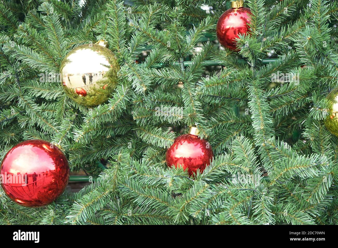 christmas tree with multi-colored balls and decorations background Stock Photo