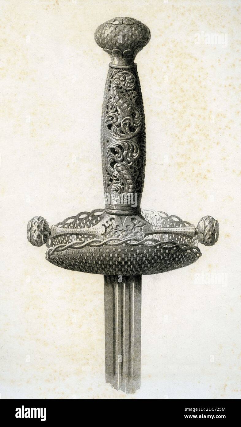 Sword of the 16th century. Medieval engraving. Stock Photo