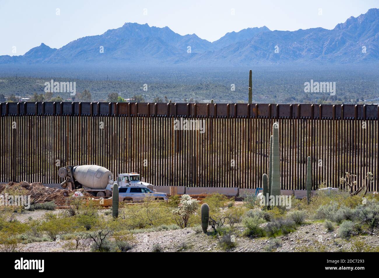 New 30-foot sections of bollard panels at a build site for a section of the U.S. - Mexican border wall, known at the Trump Wall March 4, 2020 near Lukeville, Arizona. Stock Photo