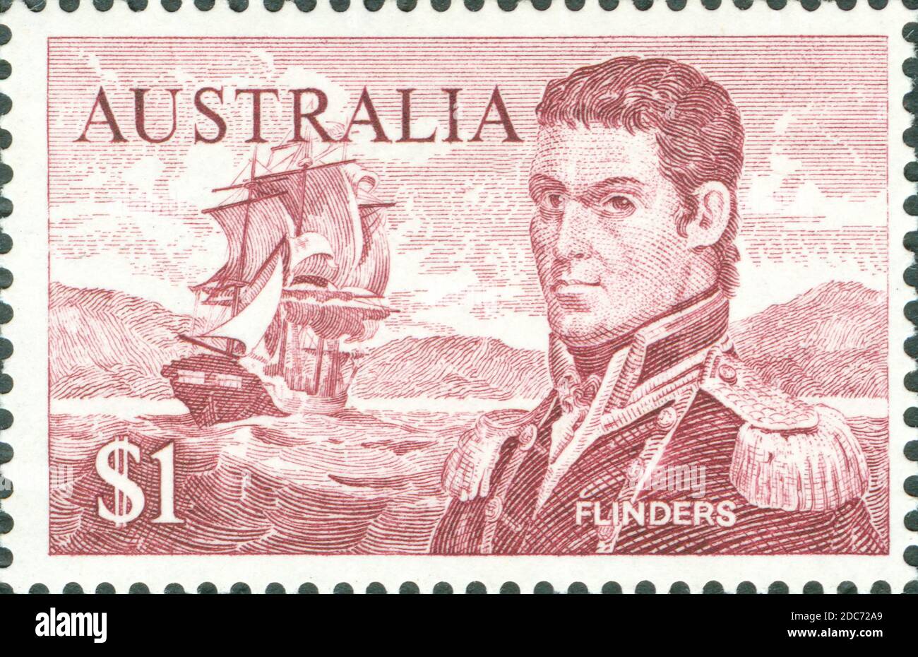 Australian post stamp with portrait of Matthew Flinders (1744-1814). Australia $1 Flinders postage stamp 1966. Stock Photo