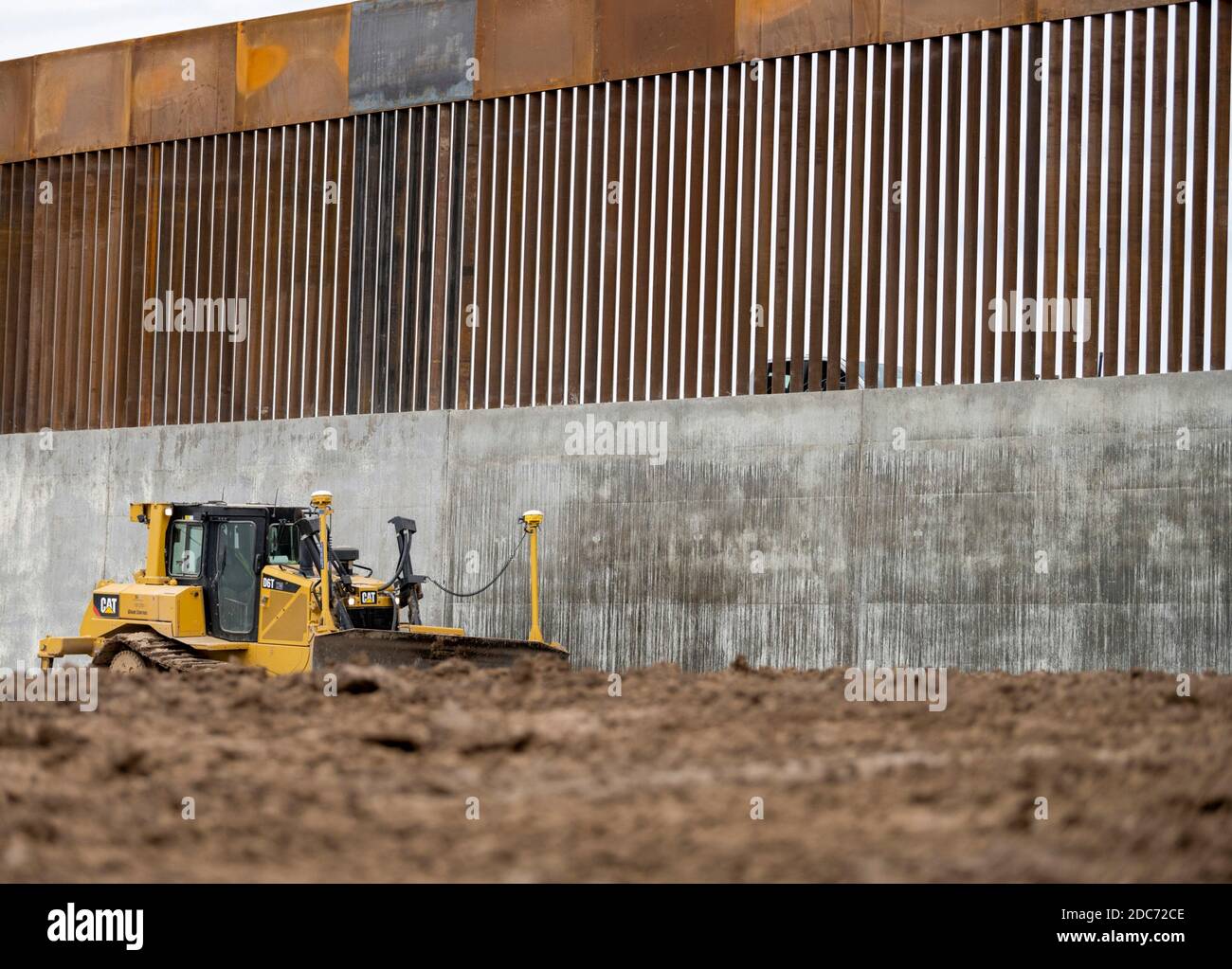 New 30-foot sections of bollard panels are assembled at a build site along the U.S. - Mexican border wall, known at the Trump Wall January 13, 2020 near McAllen, Texas. Stock Photo