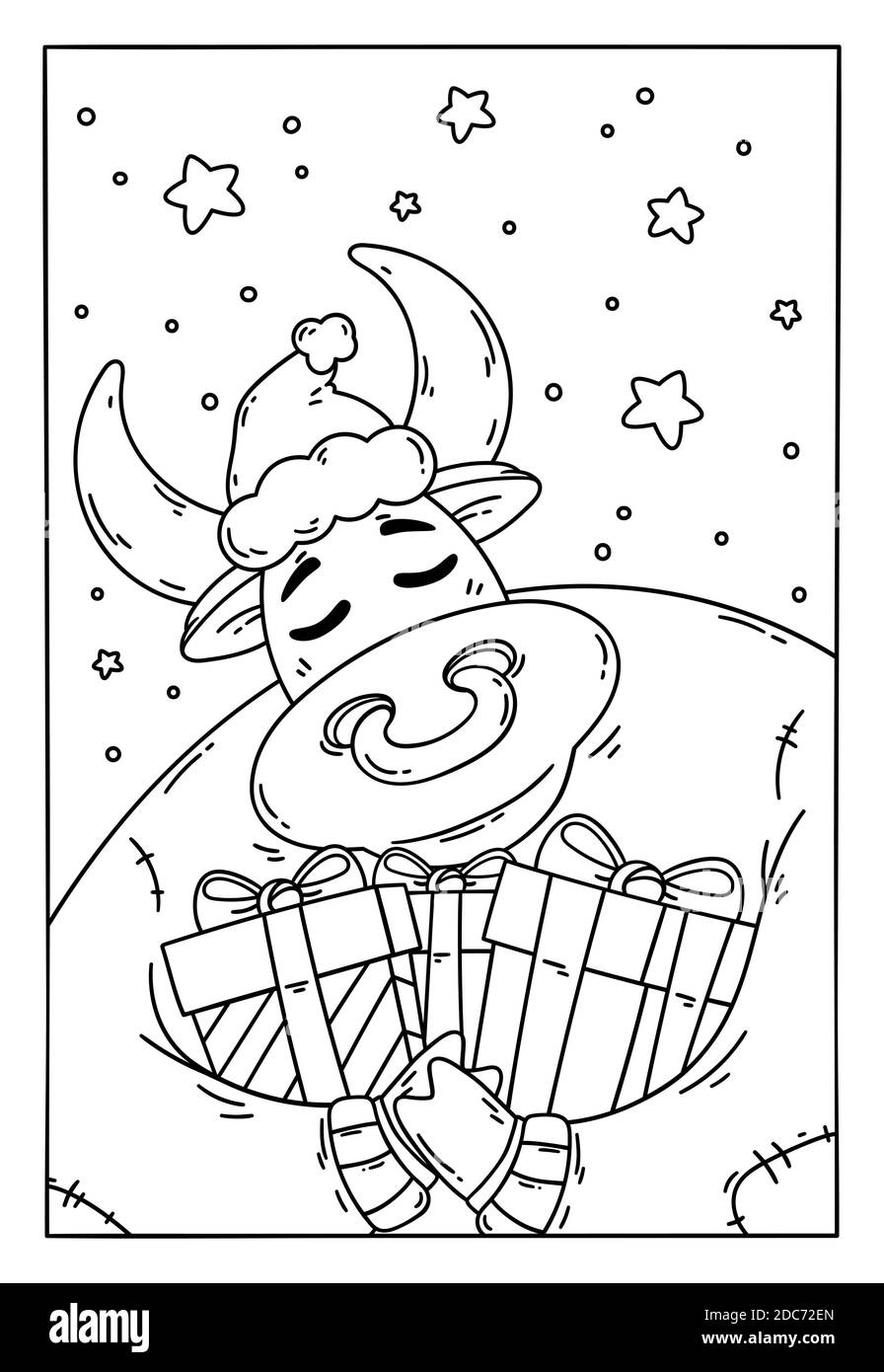 Bull in a santa hat and sweater with gifts. Year of the ox. New year 2021  and merry christmas illustration. Coloring page for children book Stock  Vector Image & Art - Alamy