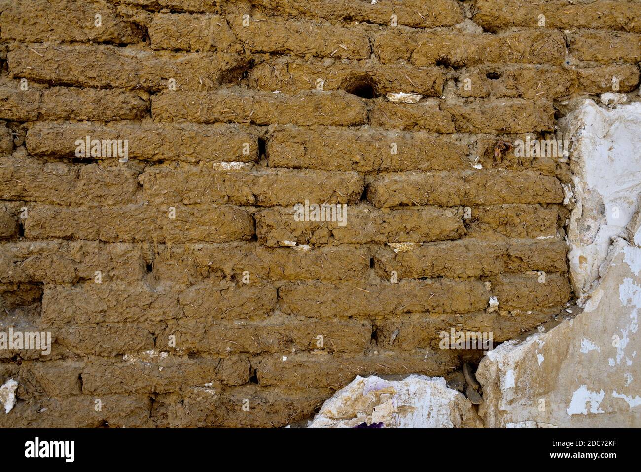 Old handmade clay and straw mud bricks exposed in house wall Stock Photo