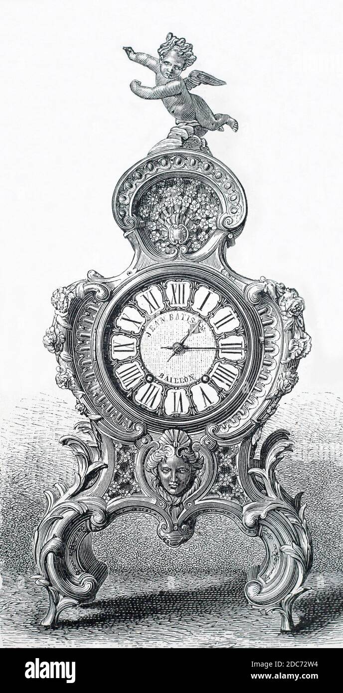Jean Baptiste Baillon clock. Sevres porcelain wall clock. 19th century engraving. Stock Photo