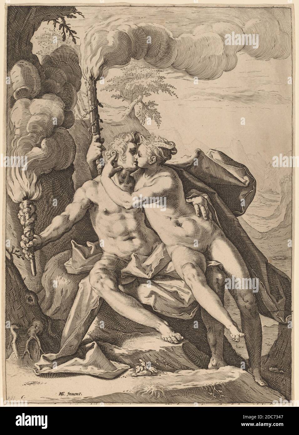 Jacob Matham, (artist), Dutch, 1571 - 1631, Hendrick Goltzius, (artist after), Dutch, 1558 - 1617, Eros and Anteros, Mythological Subjects: pl.6, (series), probably 1588, engraving on laid paper, sheet: 29.2 x 21.2 cm (11 1/2 x 8 3/8 in Stock Photo