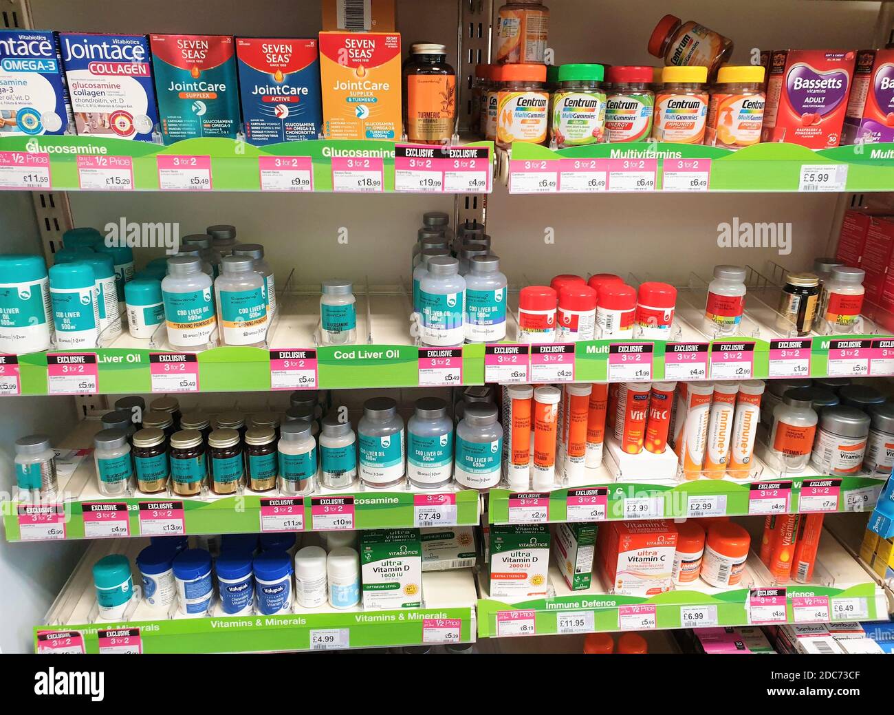 Interior of Superdrug store with display of Vitamins. Stock Photo